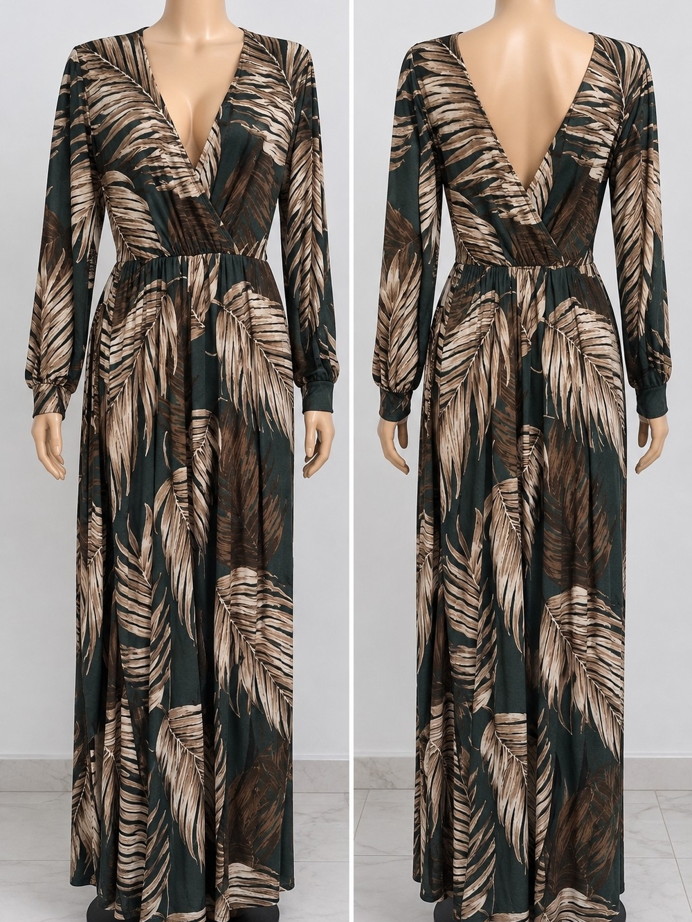 Fashion Nova Dark Green Palm-Print Surplice Maxi Dress